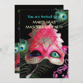 INVITATION MASQUE ROUGE AVEC PEACOCK FEATHERS MASQUERADE PART (Devant / Derrière)