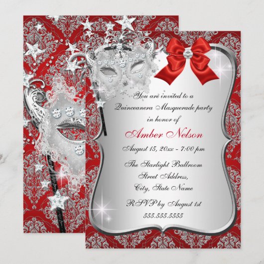 Invitation Masque rouge Damask Masque Quinceanera Masquerade (Devant / Derrière)