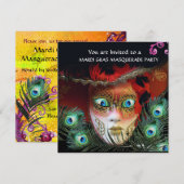 INVITATION MASQUE ROUGE OR, FÊTE DE MASQUES À PLUMES DE PAON, (Devant / Derrière)