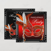 Invitation Masque Rouge Soirée Bal Masqué en Noir et Rouge (Devant / Derrière)