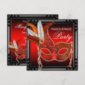 Invitation Masque Rouge Soirée Bal Masqué en Noir et Rouge (Devant / Derrière)
