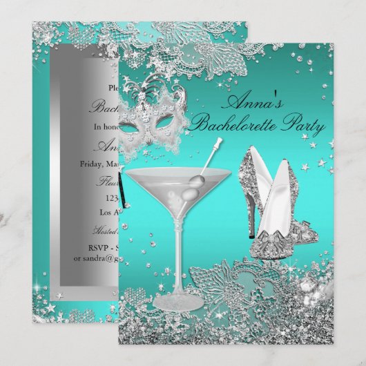 Invitation Masque sarcelle argenté et soirée de Bachelorette (Devant / Derrière)
