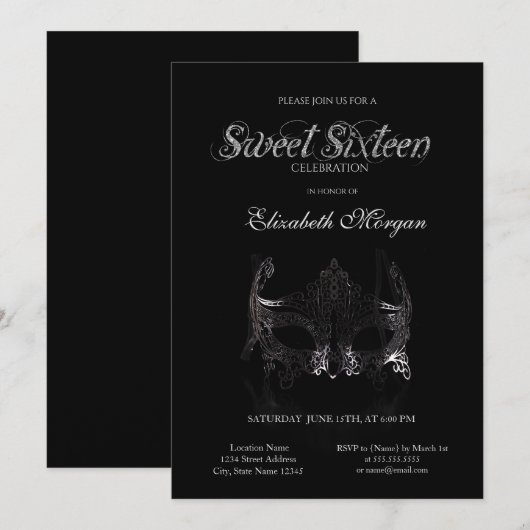 Invitation Masque Simple Argent Noir Douce 16 (Devant / Derrière)