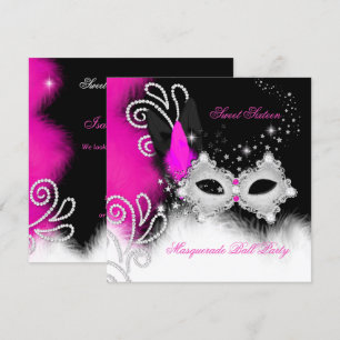 Invitation Masque Sweet 16 Rose Chaud Masque à plumes Noir 2b
