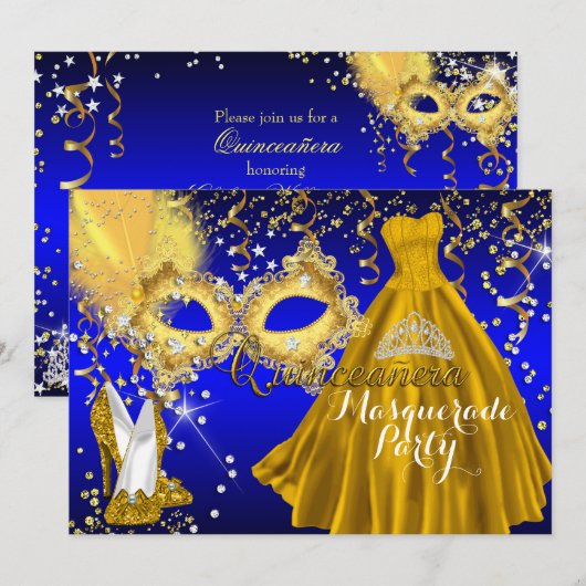 Invitation Masque Tiara Masquerade Quinceanera Gold Blue (Devant / Derrière)