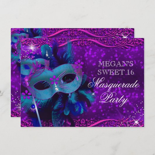 Invitation Masque turquoise en plumes violettes Masquerade Sw (Devant / Derrière)