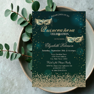 Invitation Masque Vert Quinceañera Diamants Or Moderne