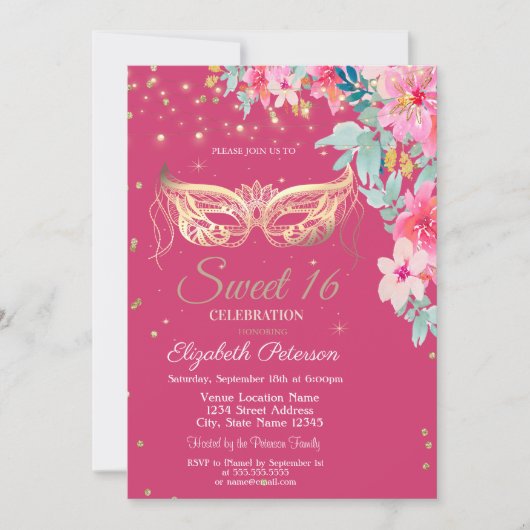 Invitation Masquer, Diamants Fleurs de Printemps Sweet 16 (Devant)
