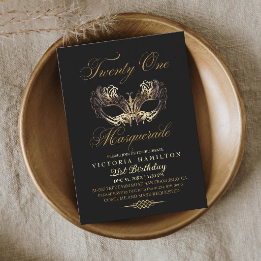 Invitation Masquerade 21e anniversaire Black Gold Mask