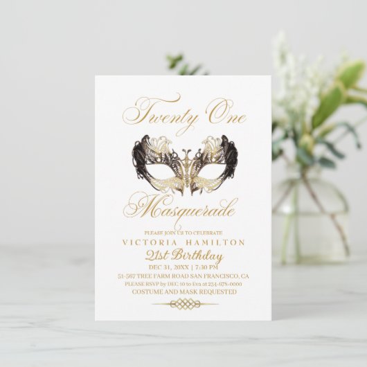 Invitation Masquerade 21e Anniversaire Masque Or (Debout devant)
