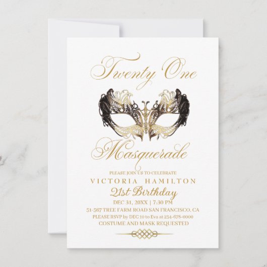 Invitation Masquerade 21e Anniversaire Masque Or (Devant)