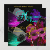 Invitation Masquerade Anniversaire Fête Masques Turquoise Ros (Devant / Derrière)