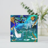 Invitation Masquerade Anniversaire Sarcelle Or Vin Stiletto 3 (Debout devant)