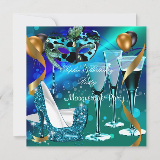 Invitation Masquerade Anniversaire Sarcelle Or Vin Stiletto 3 (Devant)