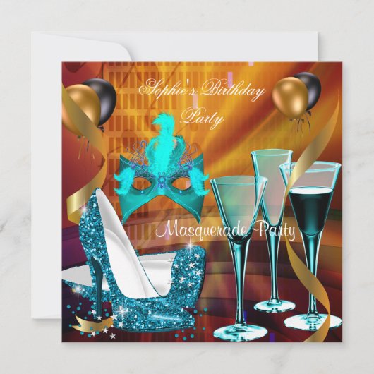 Invitation Masquerade Anniversaire Sarcelle Or Vin Stiletto 4 (Devant)