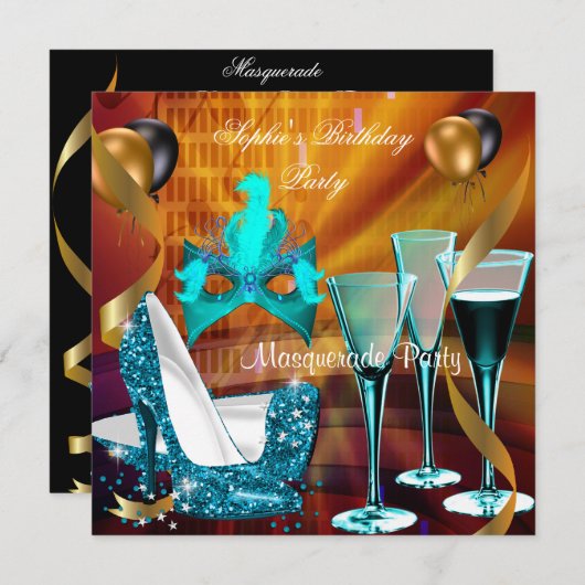 Invitation Masquerade Anniversaire Vin Turquoise Or Stiletto  (Devant / Derrière)