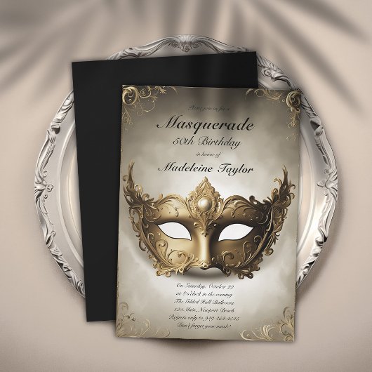 Invitation Masquerade Antique Gold Venice Mask 50e anniversai