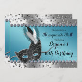Invitation Masquerade Ball Argent et Blue Party (Devant / Derrière)
