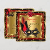 Invitation Masquerade Ball Gold Red Black Mask Rose (Devant / Derrière)