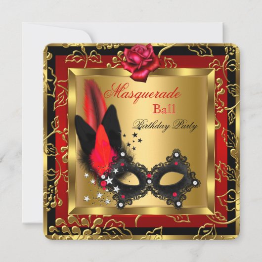 Invitation Masquerade Ball Gold Red Black Mask Rose (Devant)