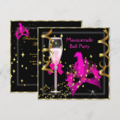 Invitation Masquerade Ball Hot-Pink Black Gold Fête (Devant / Derrière)