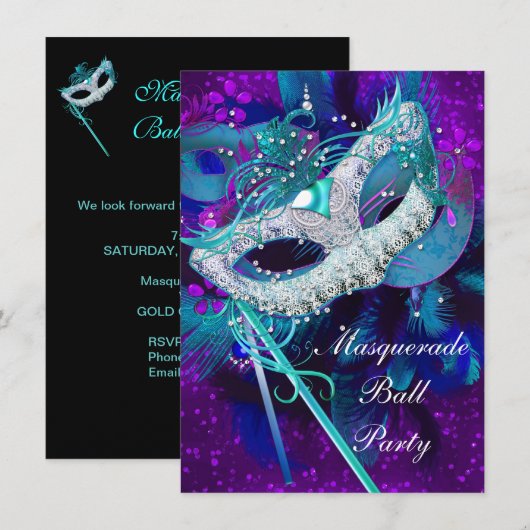 Invitation Masquerade Ball Party Turquoise Bleu Purple Masque (Devant / Derrière)