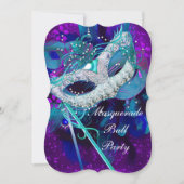 Invitation Masquerade Ball Party Turquoise Bleu Purple Masque (Devant)