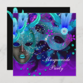 Invitation Masquerade Ball Party Turquoise Bleu Purple Masque (Devant / Derrière)