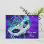 Invitation Masquerade Ball Party Turquoise bleu violet Masque (Debout devant)