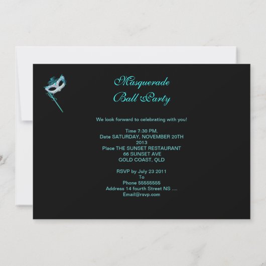 Invitation Masquerade Ball Party Turquoise bleu violet Masque (Dos)