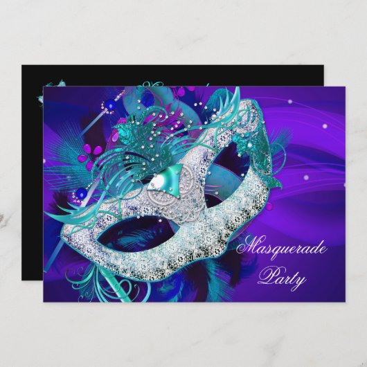 Invitation Masquerade Ball Party Turquoise bleu violet Masque (Devant / Derrière)