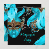 Invitation Masquerade Ball Party Turquoise Blue Masques (Devant / Derrière)