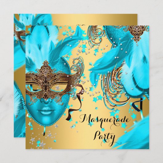 Invitation Masquerade Ball Party Turquoise Blue Masques Or 3 (Devant / Derrière)