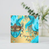 Invitation Masquerade Ball Party Turquoise Blue Masques Or 3 (Debout devant)