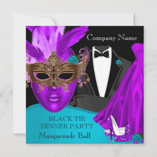 Invitation Masquerade Ball Purple Turquoise Black Cravate Par (Devant)