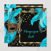 Invitation Masquerade Ball Turquoise Bleu Masqué (Devant / Derrière)