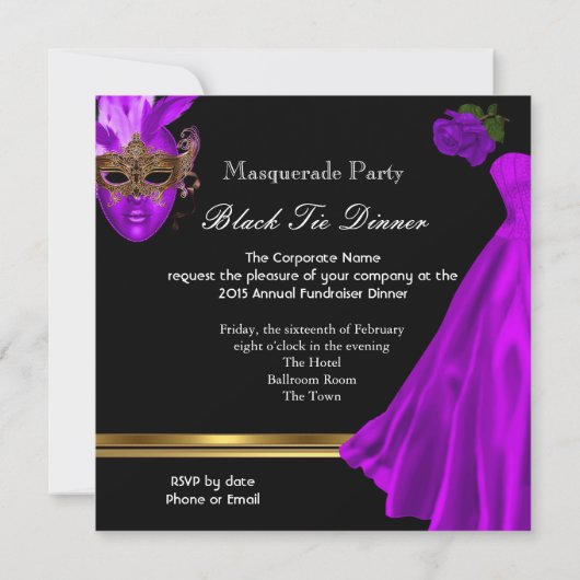 Invitation Masquerade Ball violet Black Cravate Party (Dos)