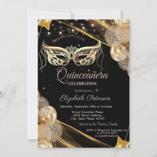 Invitation Masquerade Balloons Stars Black Quinceañera (Devant)