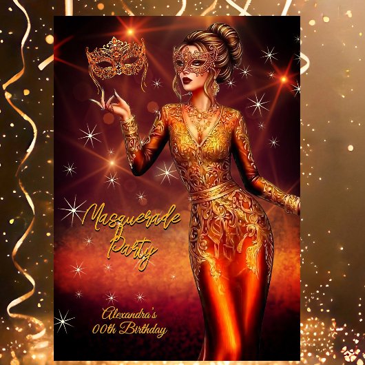 Invitation Masquerade Birthday Gold Copper Stunning Dress