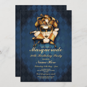 Invitation Masquerade Birthday Party Blue Gold Mas