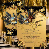 Invitation Masquerade birthday Party Gold Black Mask Feathers