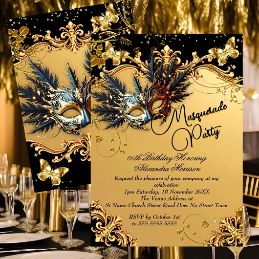 Invitation Masquerade birthday Party Gold Black Mask Feathers