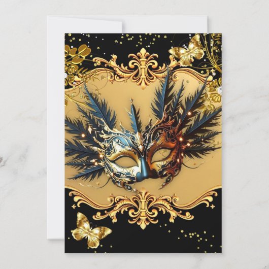 Invitation Masquerade birthday Party Gold Black Mask Feathers (Dos)