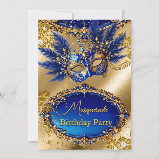 Invitation Masquerade birthday Party Gold Blue Mask Feathers (Devant)