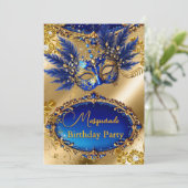 Invitation Masquerade birthday Party Gold Blue Mask Feathers (Debout devant)