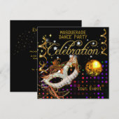 Invitation MASQUERADE Black Gold Dance Party Disco Ball (Devant / Derrière)