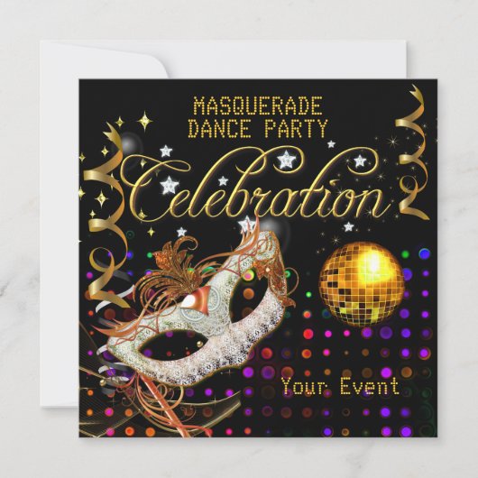 Invitation MASQUERADE Black Gold Dance Party Disco Ball (Devant)