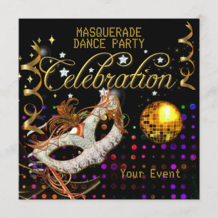 Invitation MASQUERADE Black Gold Dance Party Disco Ball