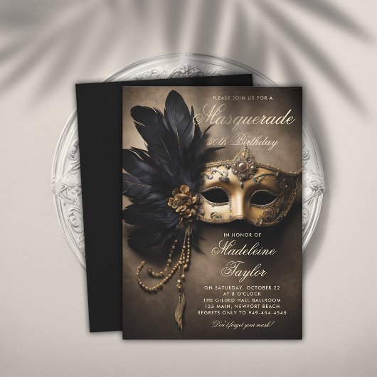 Invitation Masquerade Black Gold Mask Moody 50e anniversaire