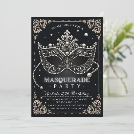 Invitation Masquerade Black White Anniversaire (Debout devant)